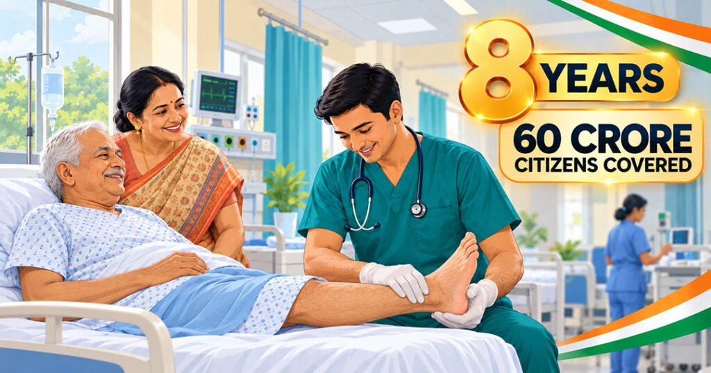 Doctor examining patient's foot representing Ayushman Bharat healthcare scheme completing 8 years