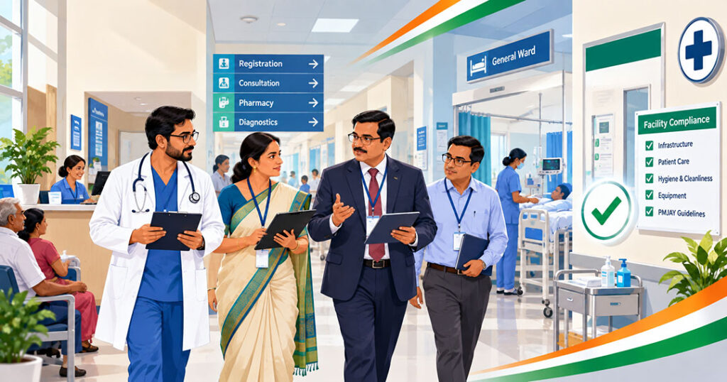 Health inspection team reviewing hospital facilities under Ayushman Bharat scheme in Uttar Pradesh